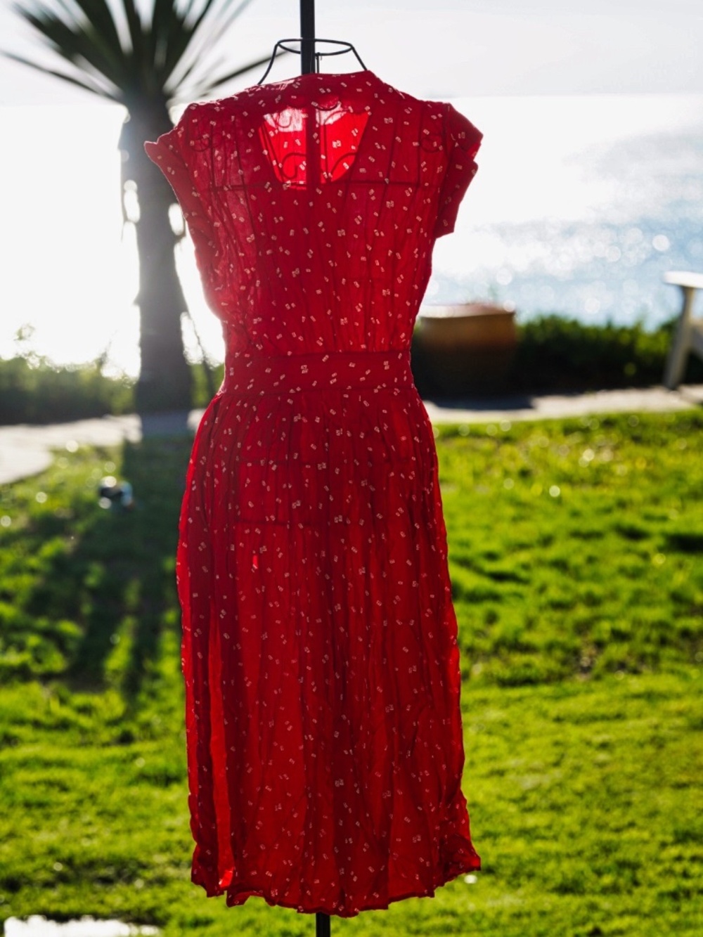 Jackie Bernard FDR Eclectic Red Rayon Midi Dress - Size 8 - Picture 2 of 10